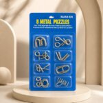 Puzzle Lock 8-Piece Extended Blue Brain Teaser Metal Puzzle Set with Blister Card Packaging