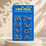 Puzzle Lock 8-Piece Extended Blue Brain Teaser Metal Puzzle Set with Blister Card Packaging