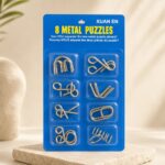 Puzzle Lock 8-Piece Extended Blue Brain Teaser Metal Puzzle Set with Blister Card Packaging