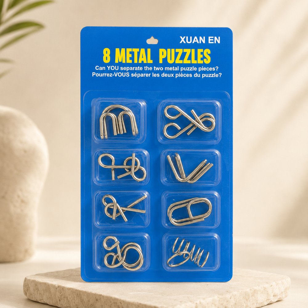 Puzzle Lock 8-Piece Extended Blue Brain Teaser Metal Puzzle Set with Blister Card Packaging