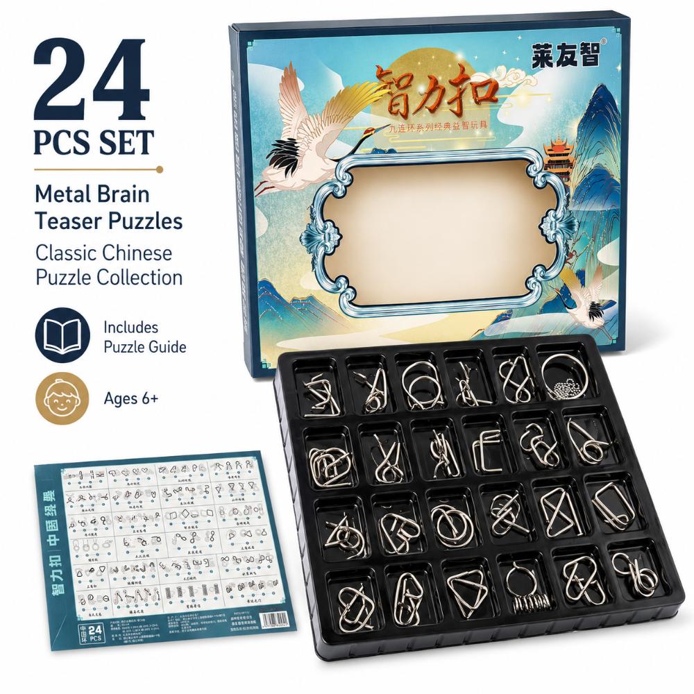 Puzzle Lock 24-Piece Metal Brain Teaser Puzzle Set Gift Box