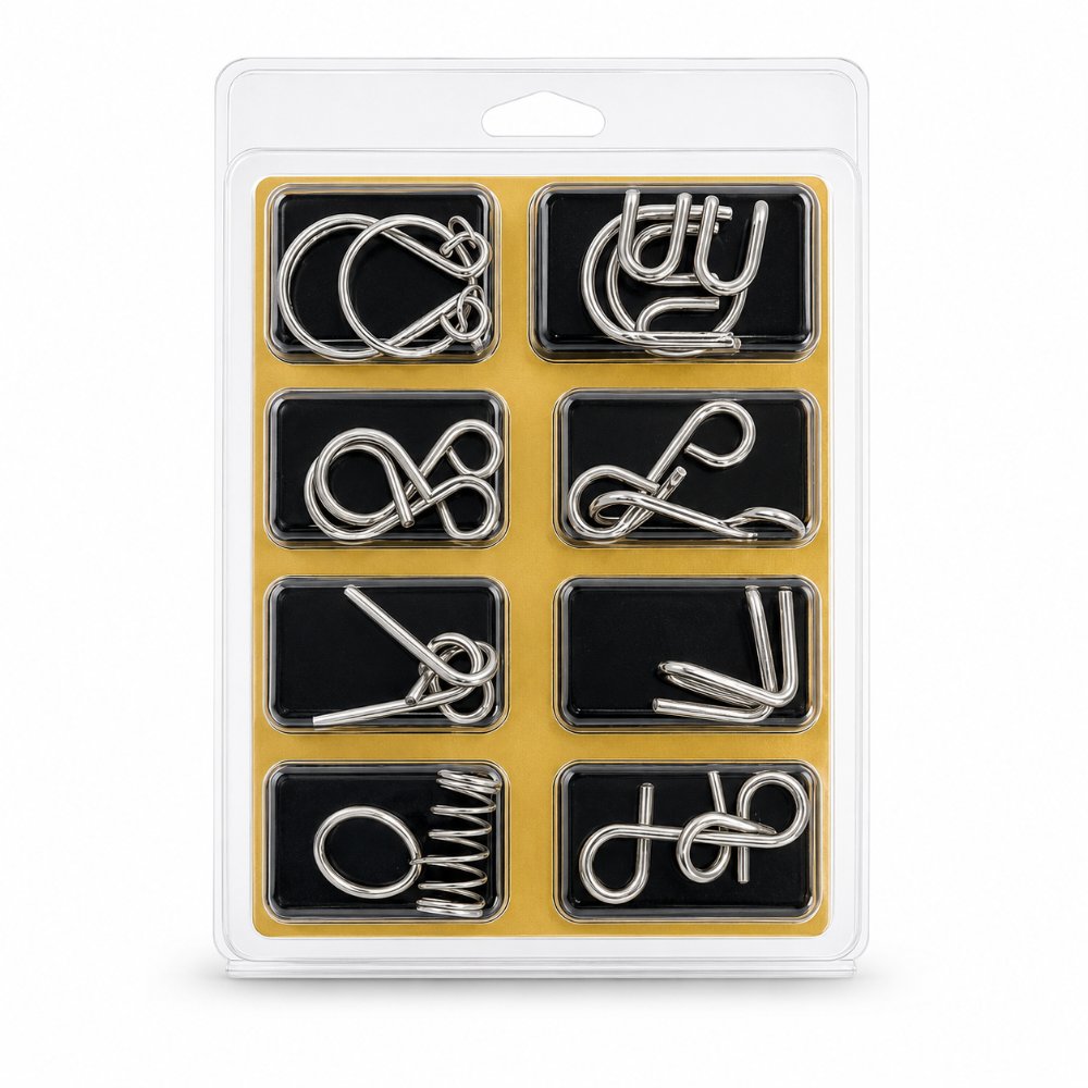 Puzzle Lock 8-Piece Set A of Brain Teaser Metal Puzzles with Blister Pack
