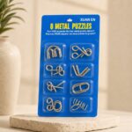 Puzzle Lock 8-Piece Extended Blue Brain Teaser Metal Puzzle Set with Blister Card Packaging