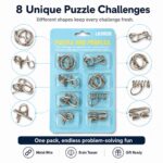 Puzzle Lock 8-Piece Green Set of Brain Teaser Metal Puzzles with Blister Card Packaging