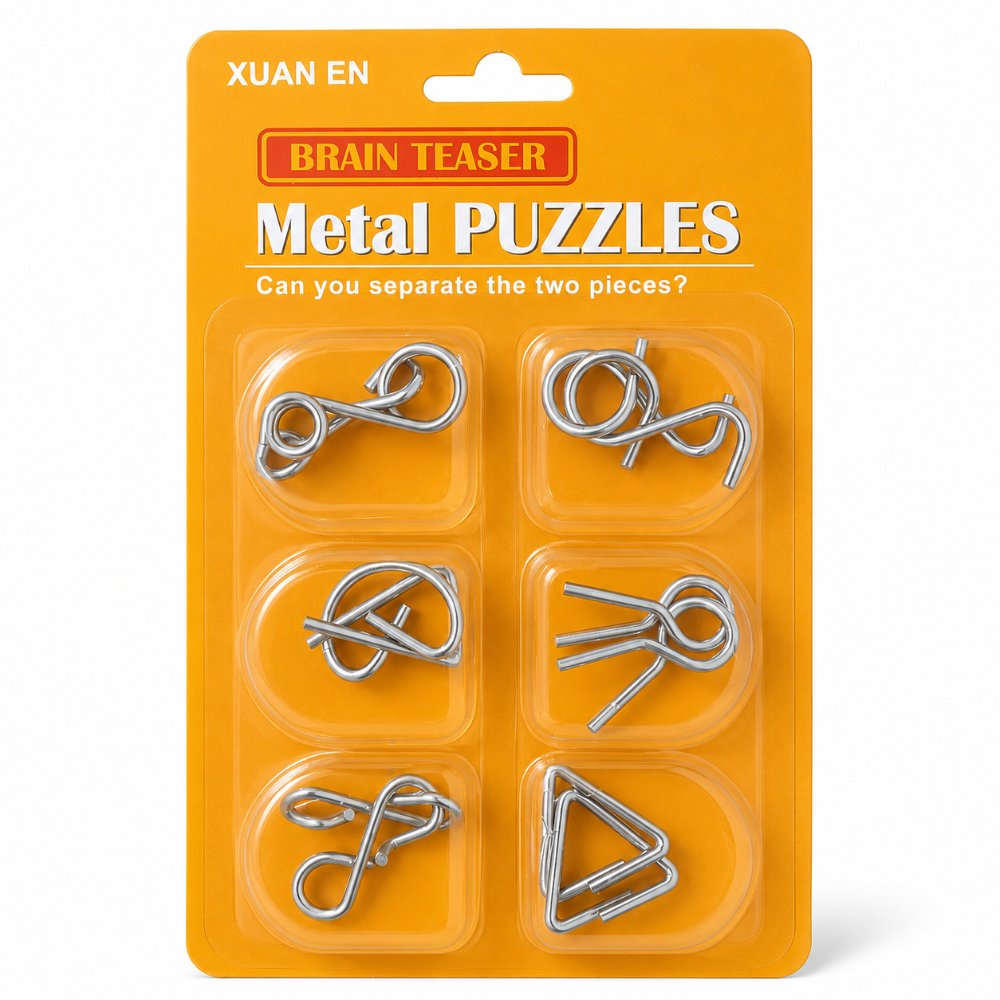 Puzzle Lock 6-Piece Brain Teaser Metal Puzzle Set (Yellow Version)