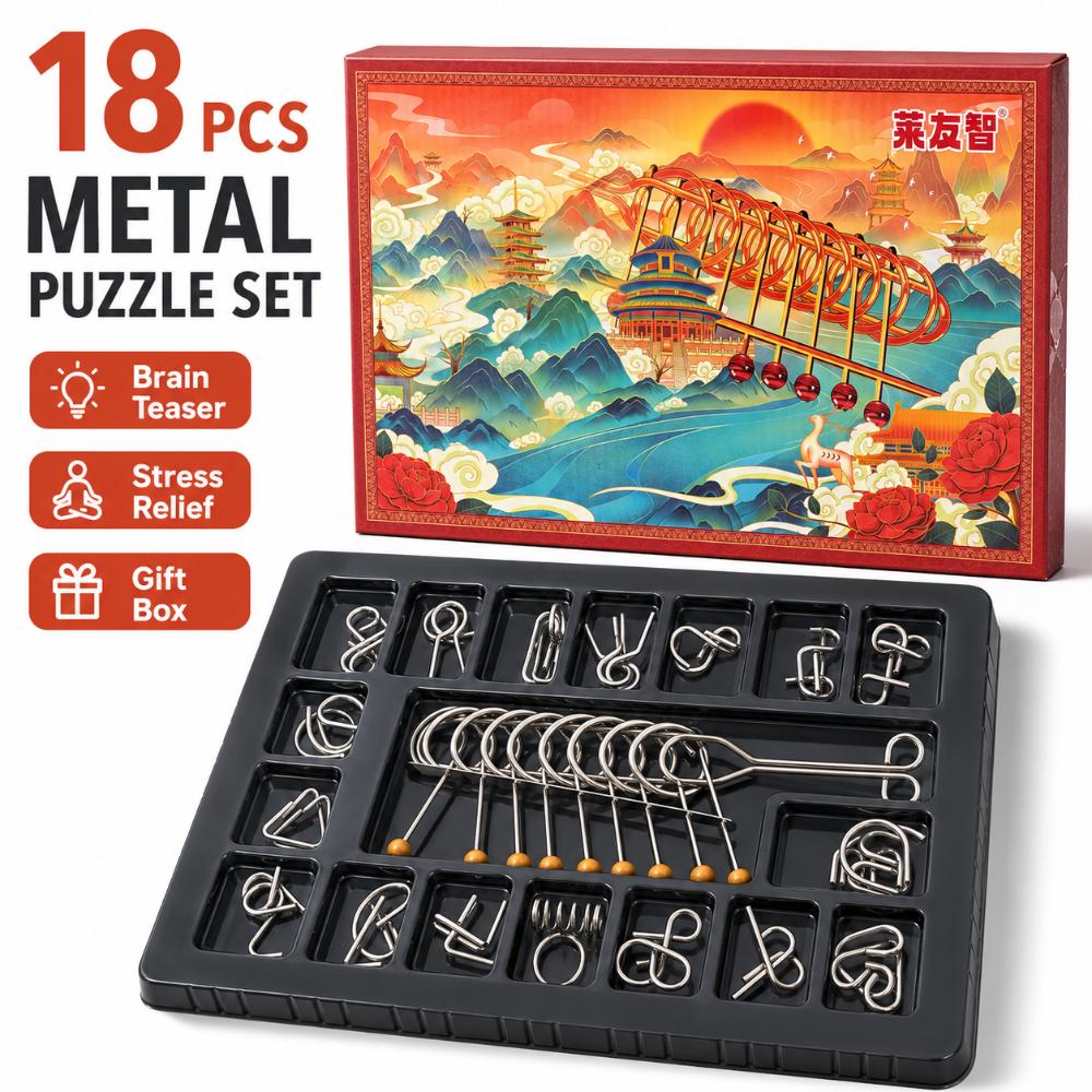 Nine Linked Rings （China Ring） 18-piece Gift Box Set of Chinese Ring Puzzle Brain Teasers