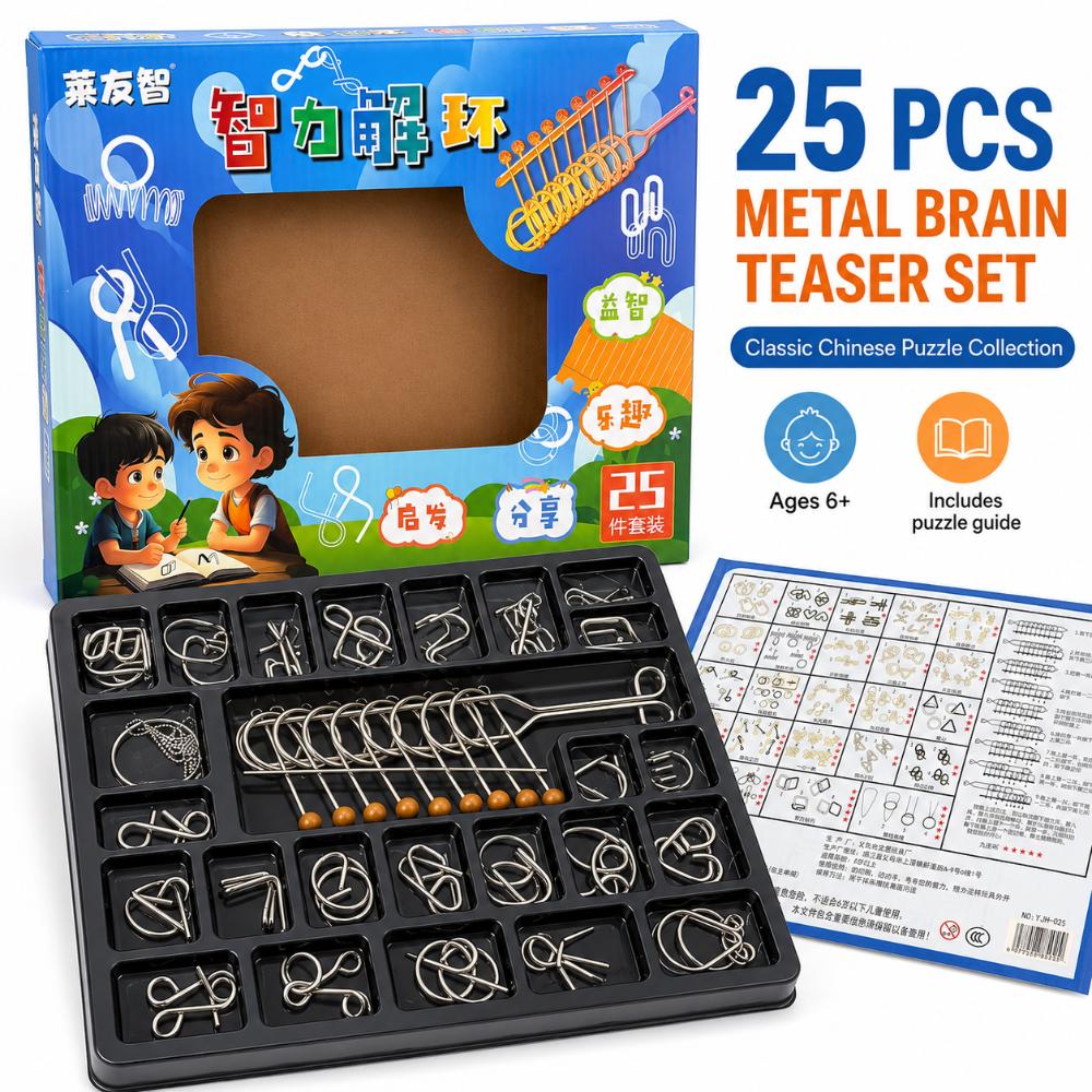 Nine Linked Rings （China Ring） 25-Piece Brain Teaser Metal Puzzle Set Gift Box