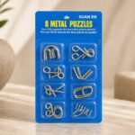 Puzzle Lock 8-Piece Extended Blue Brain Teaser Metal Puzzle Set with Blister Card Packaging