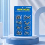 Puzzle Lock 8-Piece Extended Blue Brain Teaser Metal Puzzle Set with Blister Card Packaging