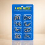 Puzzle Lock 8-Piece Extended Blue Brain Teaser Metal Puzzle Set with Blister Card Packaging