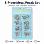 Puzzle Lock 8-Piece Green Set of Brain Teaser Metal Puzzles with Blister Card Packaging