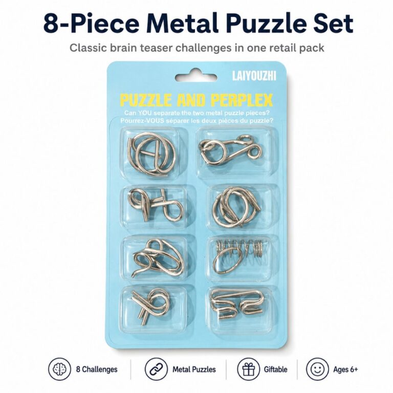 Puzzle Lock 8-Piece Green Set of Brain Teaser Metal Puzzles with Blister Card Packaging